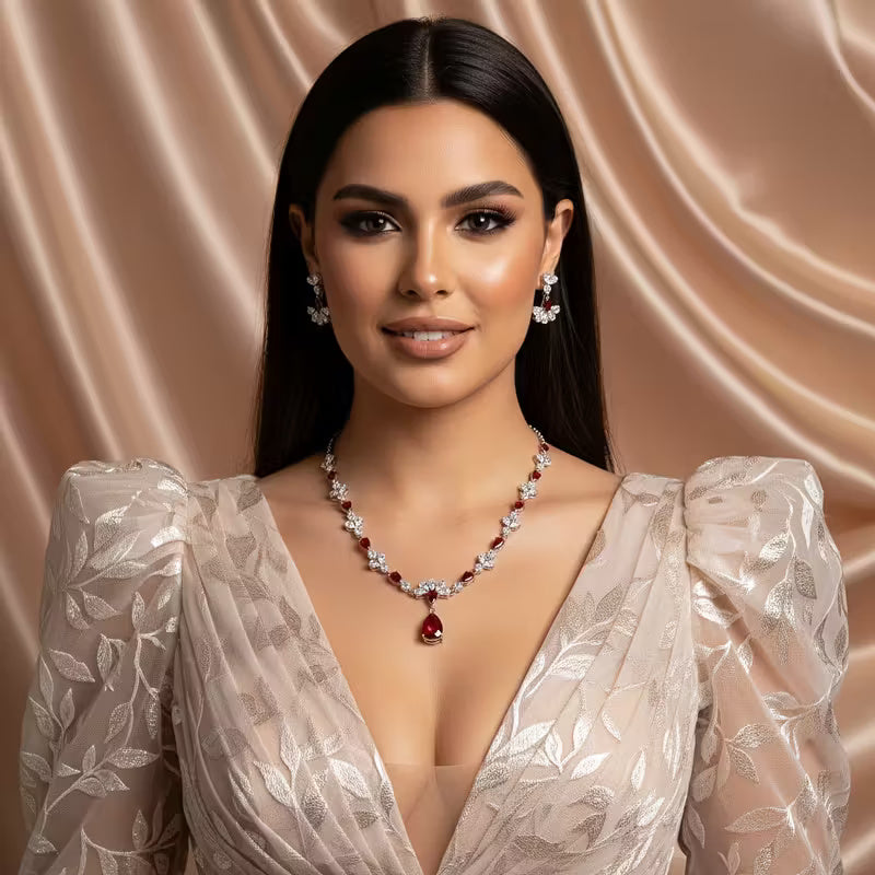 Elegant set of red gemstone and crystal necklace