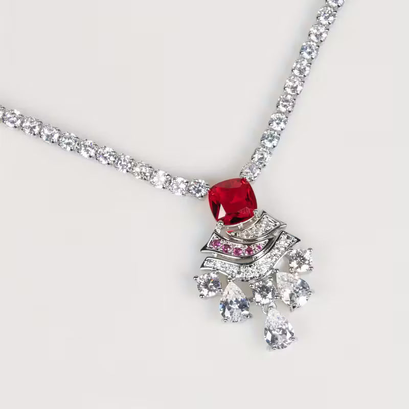 Necklace and earrings “Crimson Elegance” with ruby red accents