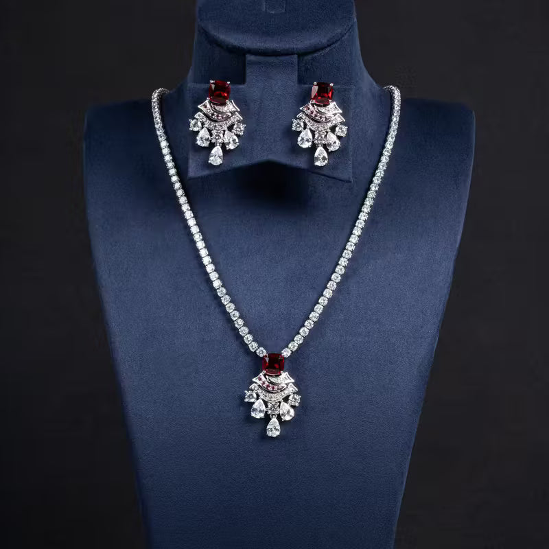 Necklace and earrings “Crimson Elegance” with ruby red accents
