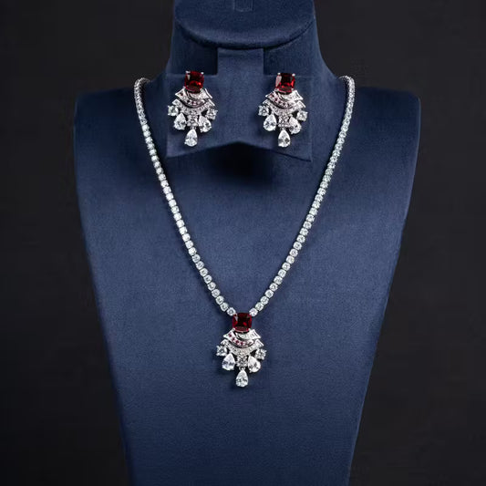 Necklace and earrings “Crimson Elegance” with ruby red accents
