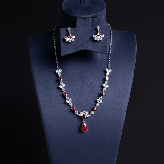 Elegant set of red gemstone and crystal necklace
